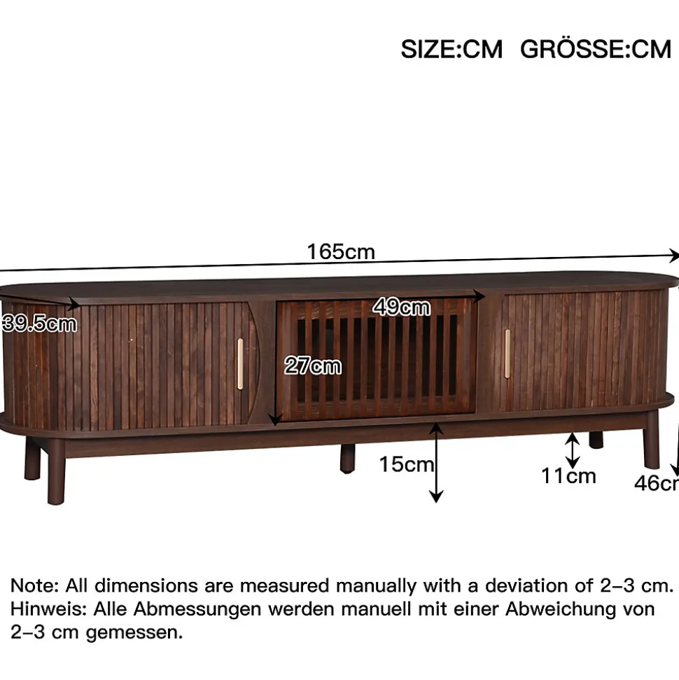 Meuble TV avec 2 portes coulissantes et 1 porte battante centrale, structure MDF à 5 pieds, 165x39,5x46 cm, brun