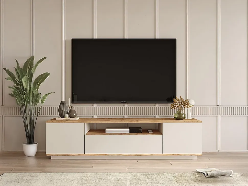 Meuble TV avec 3 portes et 1 niche - Beige et naturel - LOTULA
