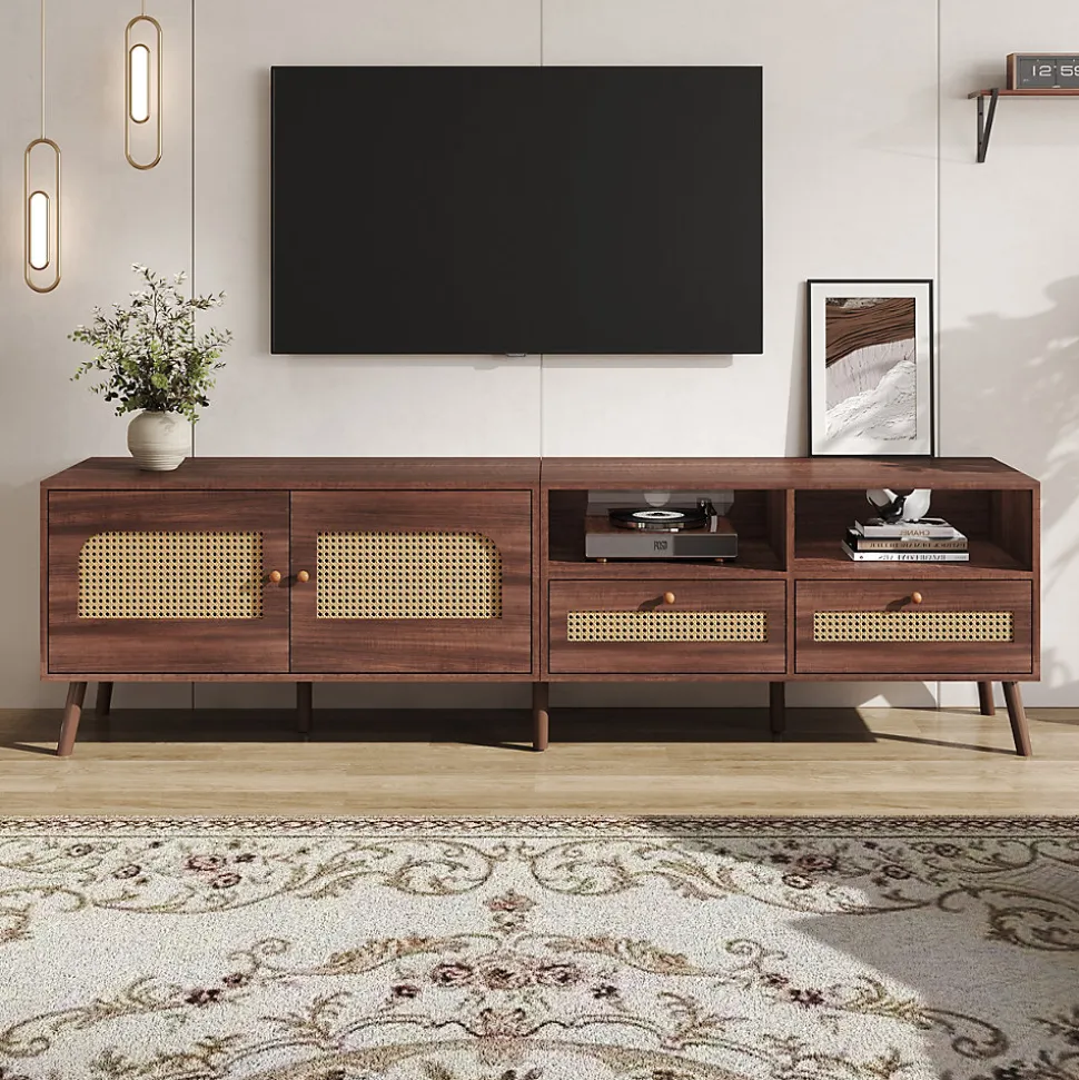 Meuble TV avec 2 Portes et 2 Tiroirs, Style Rétro Naturel en Rotin Tressé, Panneau de Particules, 200x37x49,5 cm - Brun