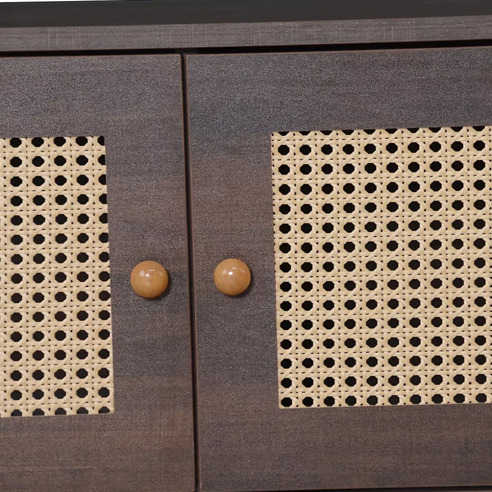 Meuble TV avec 2 Portes et 2 Tiroirs, Style Rétro Naturel en Rotin Tressé, Panneau de Particules, 200x37x49,5 cm - Brun