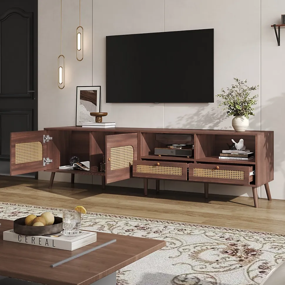 Meuble TV avec 2 Portes et 2 Tiroirs, Style Rétro Naturel en Rotin Tressé, Panneau de Particules, 200x37x49,5 cm - Brun