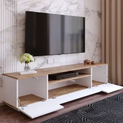 Meuble TV avec 3 portes et 1 niche - Blanc et naturel - LOTULA