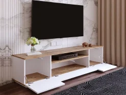 Meuble TV avec 3 portes et 1 niche - Blanc et naturel - LOTULA