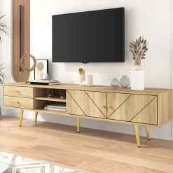 Meuble TV avec 2 Tiroirs et Portes Décoratives - Pieds en Métal Doré - MDF et Panneaux de Particules - 160x36x42 cm - Naturel
