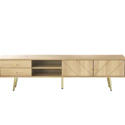 Meuble TV avec 2 Tiroirs et Portes Décoratives - Pieds en Métal Doré - MDF et Panneaux de Particules - 160x36x42 cm - Naturel
