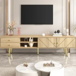 Meuble TV avec 2 Tiroirs et Portes Décoratives - Pieds en Métal Doré - MDF et Panneaux de Particules - 160x36x42 cm - Naturel