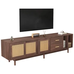 Meuble TV avec 2 Tiroirs et 2 Portes en Rotin Tressé, Pour Écran Jusqu'à 80 Pouces, 190x40x52 cm - Brun