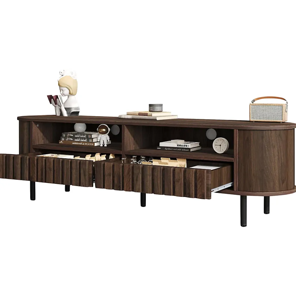 Meuble TV avec 2 Tiroirs et Compartiments Semi-Ouverts, Design Minimaliste MDF avec Pieds Métal - 160x40x48 cm - Noyer