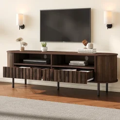 Meuble TV avec 2 Tiroirs et Compartiments Semi-Ouverts, Design Minimaliste MDF avec Pieds Métal - 160x40x48 cm - Noyer