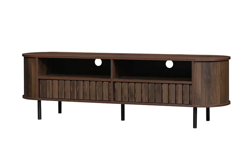 Meuble TV avec 2 Tiroirs et Compartiments Semi-Ouverts, Design Minimaliste MDF avec Pieds Métal - 160x40x48 cm - Noyer