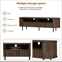 Meuble TV avec 2 Tiroirs et Compartiments Semi-Ouverts, Design Minimaliste MDF avec Pieds Métal - 160x40x48 cm - Noyer