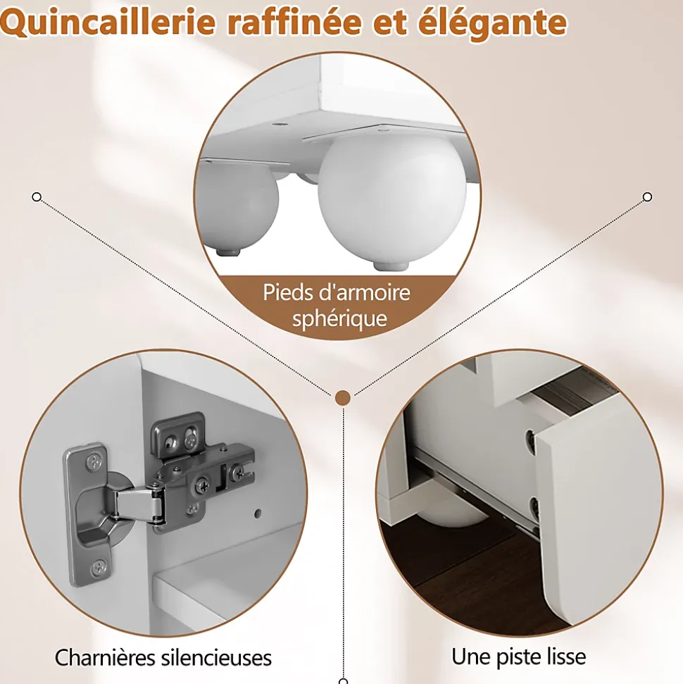 Meuble TV avec 4 Tiroirs et 2 Portes, Rangements Fonctionnels en MDF et Panneaux de Particules - 175x38x37 cm Blanc