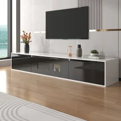 Meuble TV avec Éclairage LED - 3 Compartiments de Rangement - Panneau de Particules (MDF) - 180 x 35 x 30 cm - Noir et Blanc