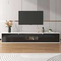 Meuble TV avec Éclairage LED - 3 Compartiments de Rangement - Panneau de Particules (MDF) - 180 x 35 x 30 cm - Noir et Blanc