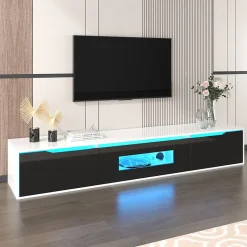 Meuble TV avec Éclairage LED - 3 Compartiments de Rangement - Panneau de Particules (MDF) - 180 x 35 x 30 cm - Noir et Blanc