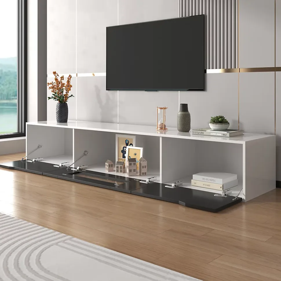 Meuble TV avec Éclairage LED - 3 Compartiments de Rangement - Panneau de Particules (MDF) - 180 x 35 x 30 cm - Noir et Blanc