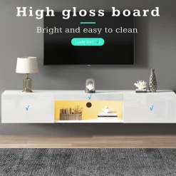 Meuble TV avec Éclairage LED et Commande Bluetooth App - Façade Haut Brillant - Panneau de Particules - 160 x 31 x 22 cm - Blanc