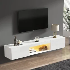 Meuble TV avec Éclairage LED et Commande Bluetooth App - Façade Haut Brillant - Panneau de Particules - 160 x 31 x 22 cm - Blanc