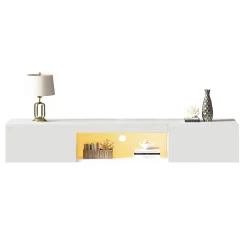 Meuble TV avec Éclairage LED et Commande Bluetooth App - Façade Haut Brillant - Panneau de Particules - 160 x 31 x 22 cm - Blanc