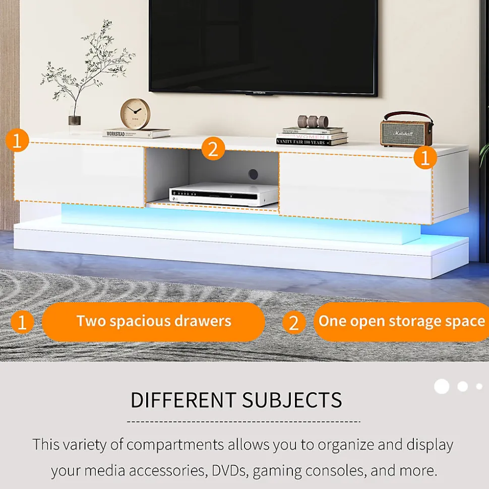 Meuble TV avec LED et 2 Tiroirs - Façades Brillantes - Panneau de Particules - 160 x 35 x 40,5 cm - Blanc