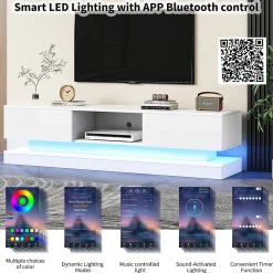 Meuble TV avec LED et 2 Tiroirs - Façades Brillantes - Panneau de Particules - 160 x 35 x 40,5 cm - Blanc