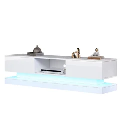 Meuble TV avec LED et 2 Tiroirs - Façades Brillantes - Panneau de Particules - 160 x 35 x 40,5 cm - Blanc