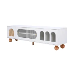 Meuble TV avec Porte en Rotin et Porte Coulissante en Verre - Panneau de Particules - 170 x 47 x 37 cm - Blanc et Bois