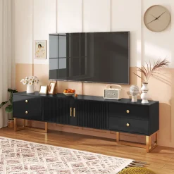 Meuble TV Avec Portes Texturées, Meuble TV Avec Tiroirs, Poignées Et Pieds Dorés, Noir