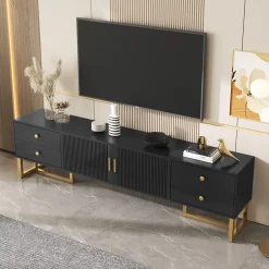 Meuble TV Avec Portes Texturées, Meuble TV Avec Tiroirs, Poignées Et Pieds Dorés, Noir