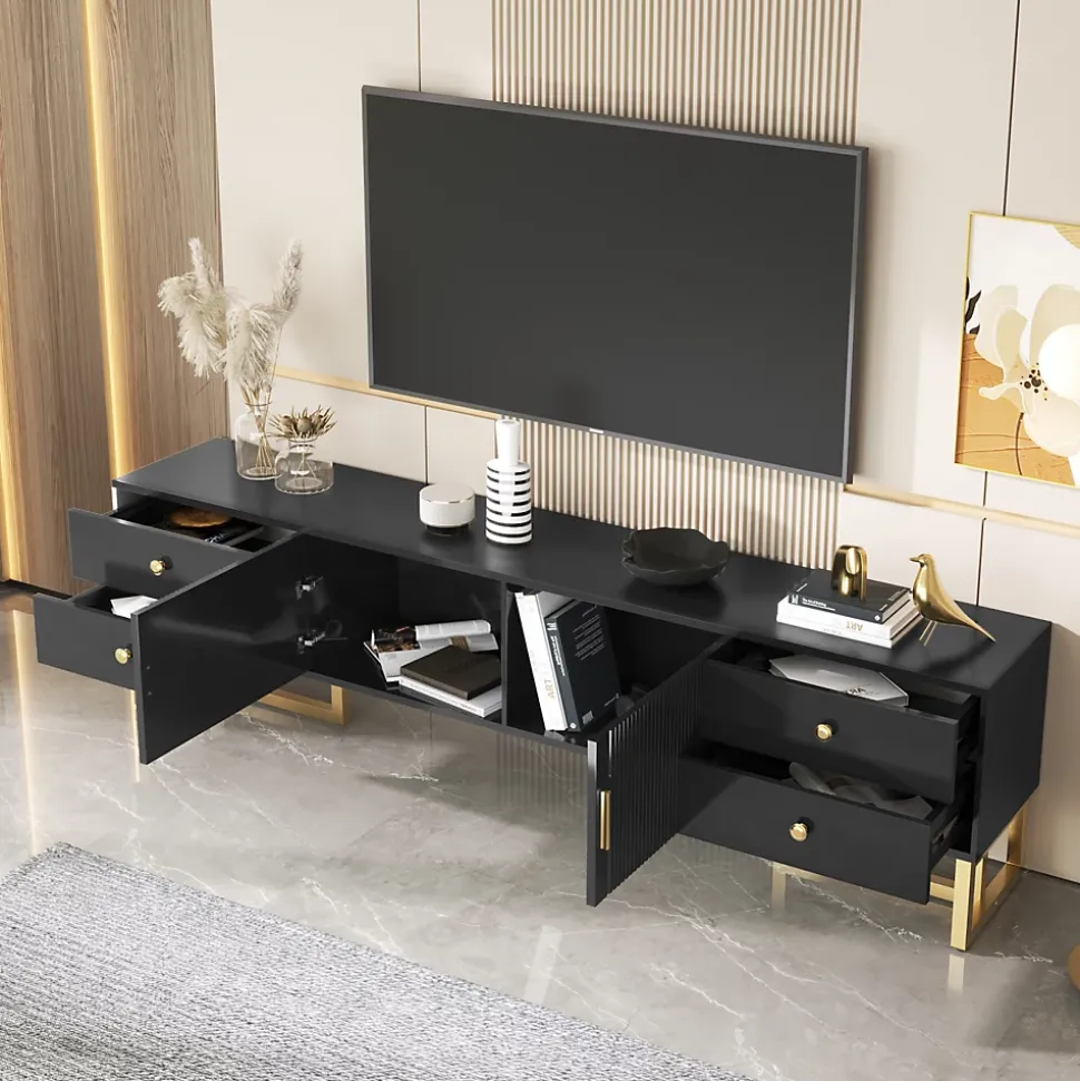 Meuble TV Avec Portes Texturées, Meuble TV Avec Tiroirs, Poignées Et Pieds Dorés, Noir