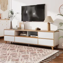 Meuble TV avec Rangements - Style Maison de Campagne pour Salon Moderne et Rustique, Bois Clair et Blanc, 175x37x51 cm