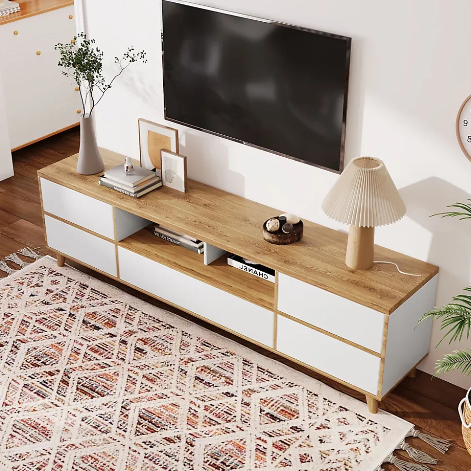 Meuble TV avec Rangements - Style Maison de Campagne pour Salon Moderne et Rustique, Bois Clair et Blanc, 175x37x51 cm
