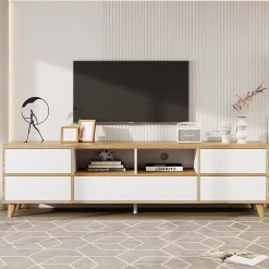 Meuble TV avec Rangements - Style Maison de Campagne pour Salon Moderne et Rustique, Bois Clair et Blanc, 175x37x51 cm