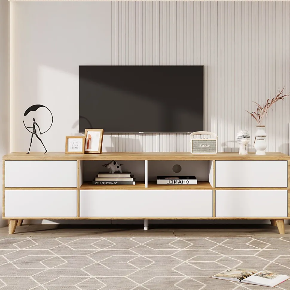 Meuble TV avec Rangements - Style Maison de Campagne pour Salon Moderne et Rustique, Bois Clair et Blanc, 175x37x51 cm