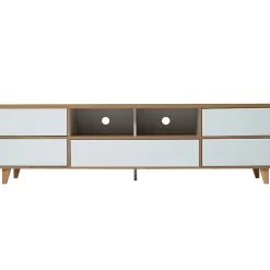 Meuble TV avec Rangements - Style Maison de Campagne pour Salon Moderne et Rustique, Bois Clair et Blanc, 175x37x51 cm