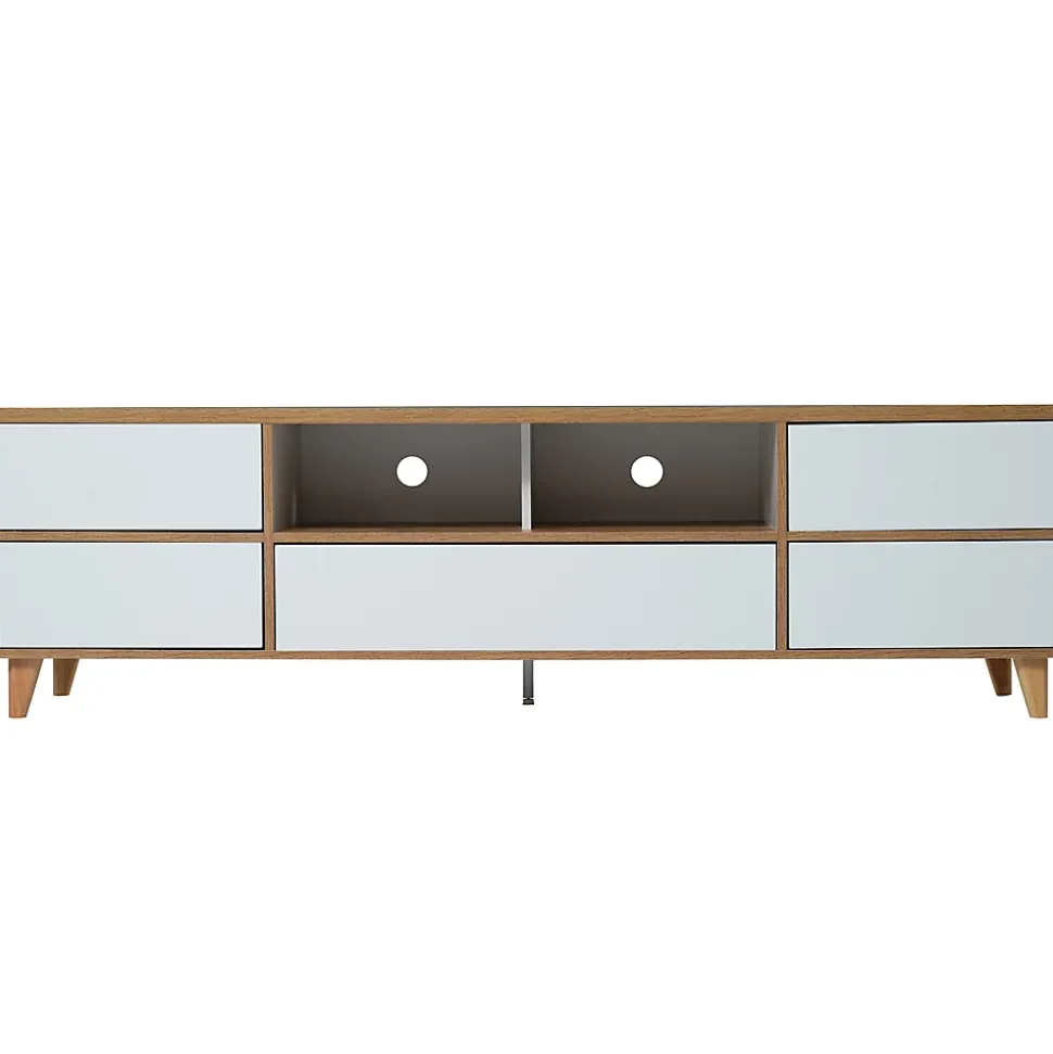 Meuble TV avec Rangements - Style Maison de Campagne pour Salon Moderne et Rustique, Bois Clair et Blanc, 175x37x51 cm