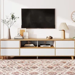Meuble TV avec Rangements - Style Maison de Campagne pour Salon Moderne et Rustique, Bois Clair et Blanc, 175x37x51 cm