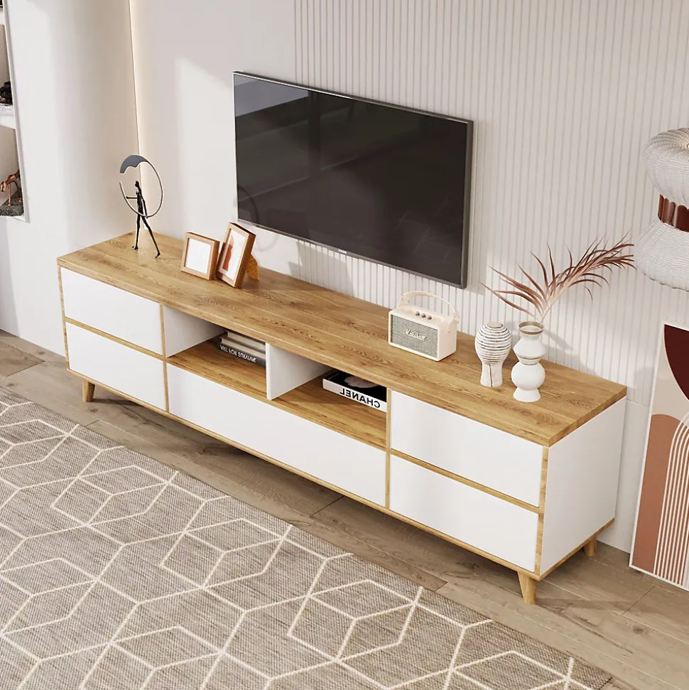 Meuble TV avec Rangements - Style Maison de Campagne pour Salon Moderne et Rustique, Bois Clair et Blanc, 175x37x51 cm