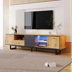 Meuble TV avec Séparation en Verre et Éclairage LED - design Bicolore Bois et Gris Anthracite, Contemporain, 190x40x50 cm