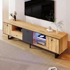 Meuble TV avec Séparation en Verre et Éclairage LED - design Bicolore Bois et Gris Anthracite, Contemporain, 190x40x50 cm