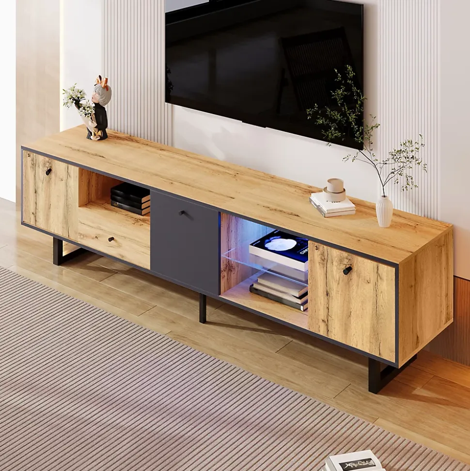 Meuble TV avec Séparation en Verre et Éclairage LED - design Bicolore Bois et Gris Anthracite, Contemporain, 190x40x50 cm