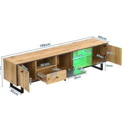 Meuble TV avec Séparation en Verre et Éclairage LED - design Bicolore Bois et Gris Anthracite, Contemporain, 190x40x50 cm