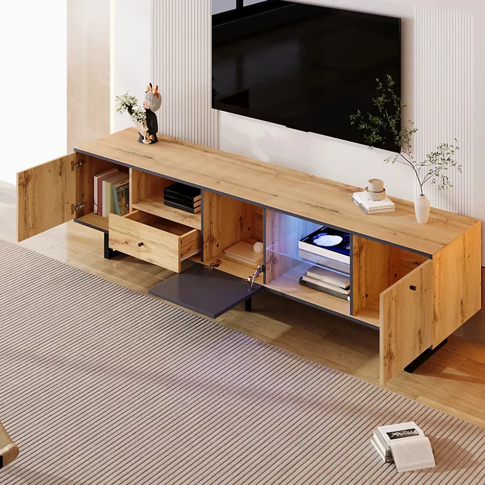 Meuble TV avec Séparation en Verre et Éclairage LED - design Bicolore Bois et Gris Anthracite, Contemporain, 190x40x50 cm