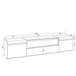 Meuble TV, Banc Télé, 200x35x45cm, Pour les TV jusqu'à 80", Cheminée électrique