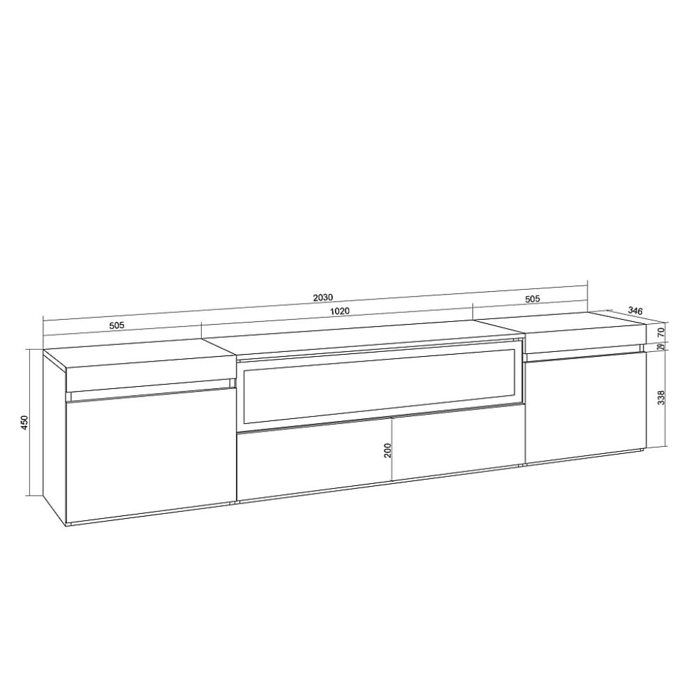 Meuble TV, Banc Télé, 200x35x45cm, Pour les TV jusqu'à 80", Cheminée électrique