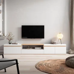 Meuble TV, Banc Télé, 288x35x45cm, TV grand format, Blanc et Chêne Soft