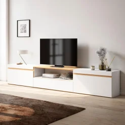 Meuble TV, Banc Télé, 260x35x45cm, TV grand format, Blanc et Chêne Soft
