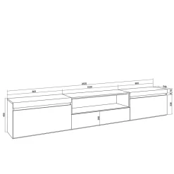Meuble TV, Banc Télé, 260x35x45cm, TV grand format, Blanc et Chêne Soft