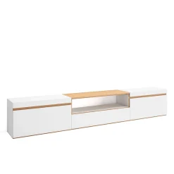 Meuble TV, Banc Télé, 260x35x45cm, TV grand format, Blanc et Chêne Soft