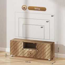 Meuble TV banc TV design - 2 portes, 2 étagères, niche tiroir - effet bois doré